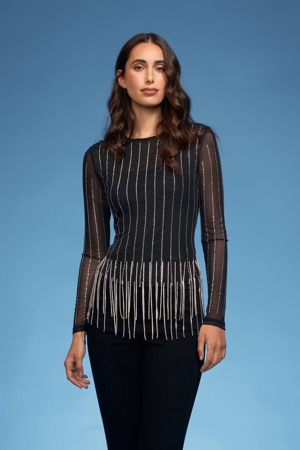 High Neck Rhinestone Pinstripe with Crystal Trim Mesh Top