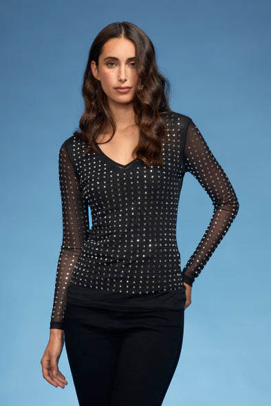 Square Beaded V-Neck Mesh Top