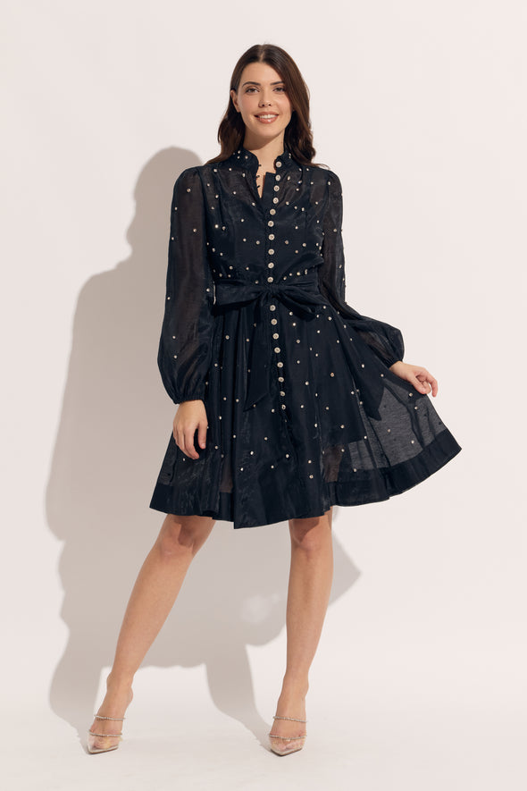 Long Sleeve Scattered Rhinestone Short Dress