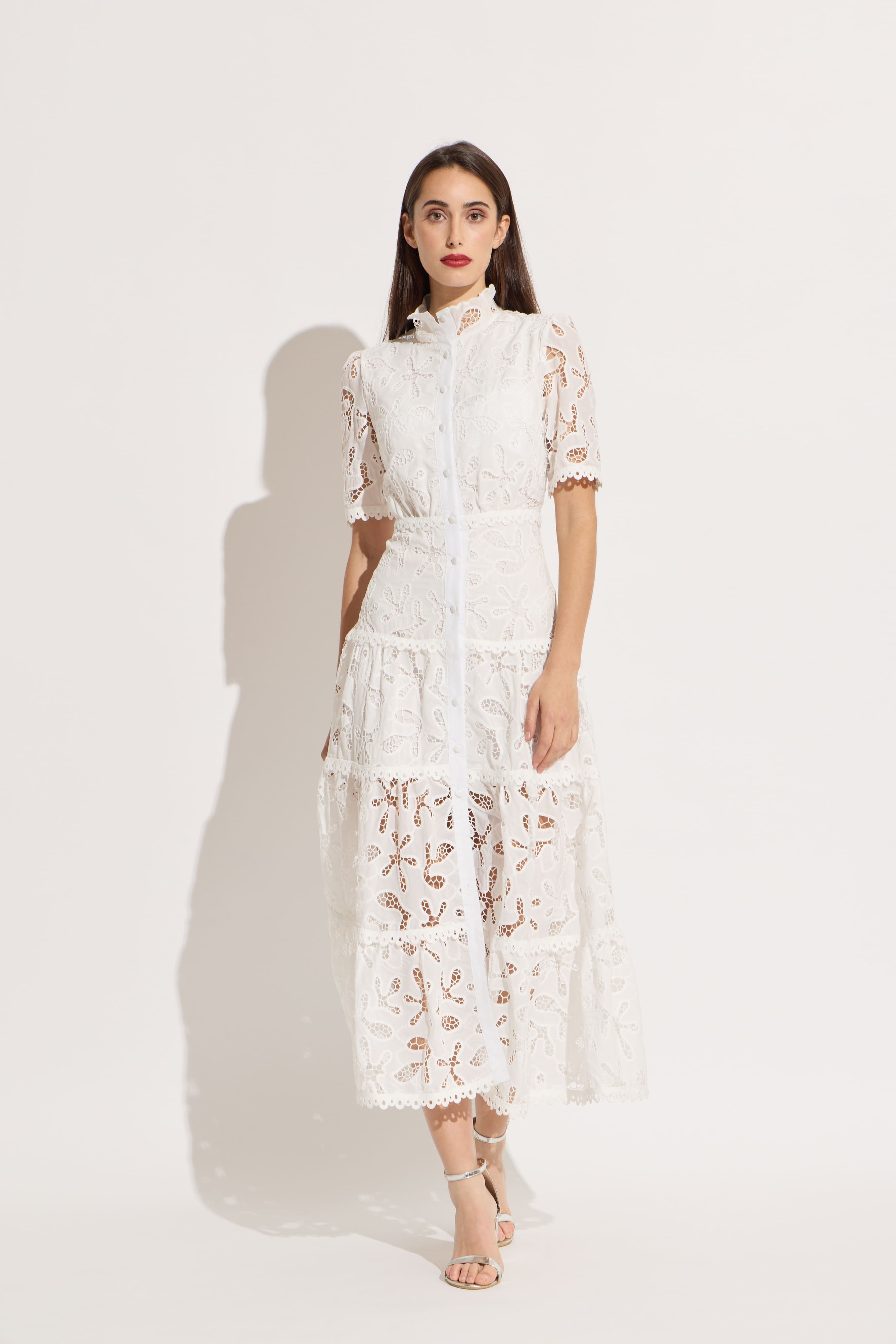 white lace short sleeve midi dress Short Sleeve White Lace Midi Dress M
