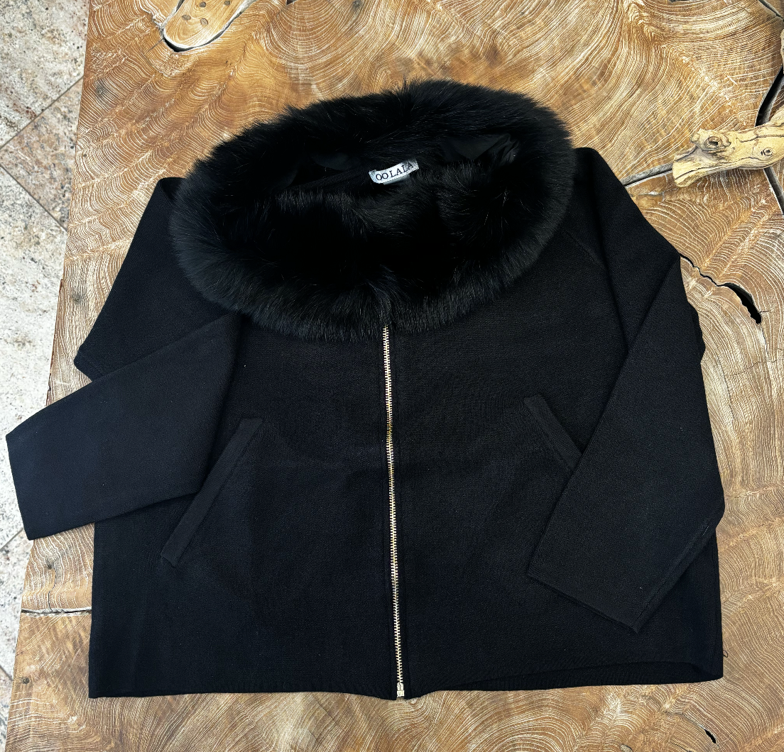 Knit Zip Cardigan with Fox Fur Collar – OO LA LA! Knit Zip Cardigan with Fox Fur Collar – OO LA LA!