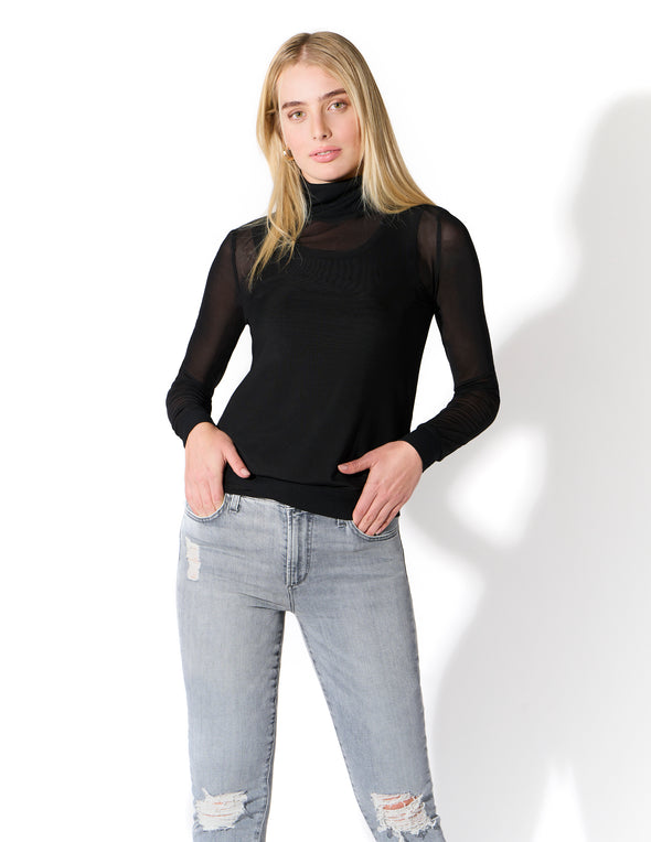 Knitted Mock Neck Mesh Top