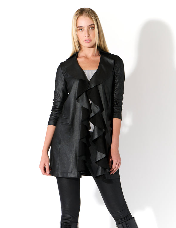 Cascading Ruffle Front Vegan Leather Duster
