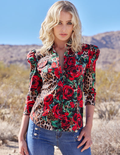 Leopard + Roses Puff Shoulder Shirt